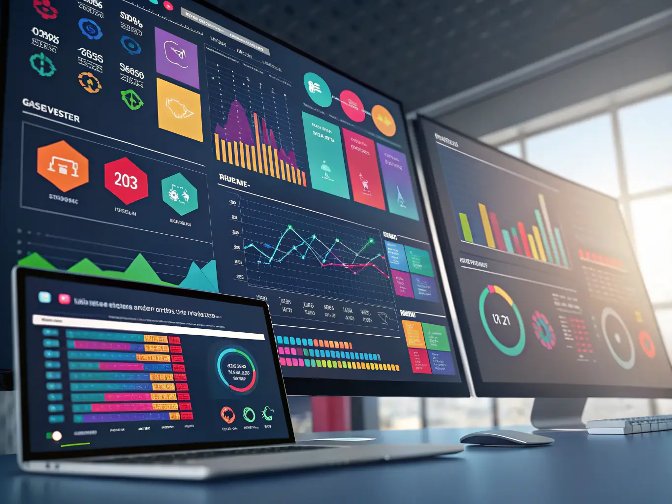 A vibrant image showcasing various AI automation tools and dashboards, symbolizing the power of AI in streamlining business processes for an online computer accessories store.