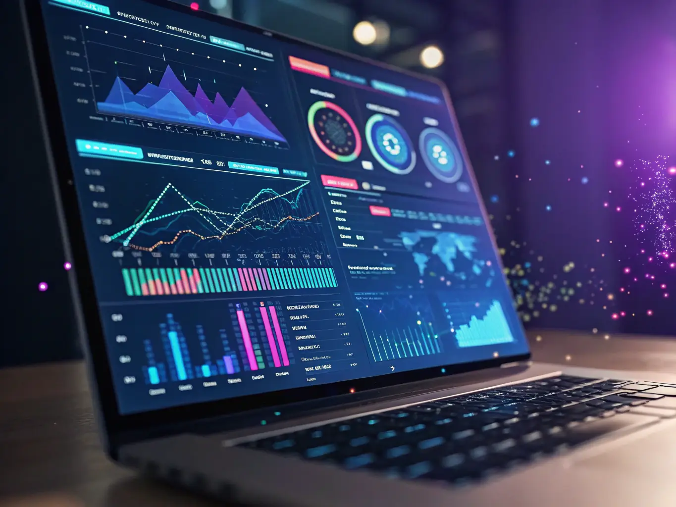 A dynamic dashboard displaying predictive analytics data with charts and graphs, illustrating the power of AI in forecasting trends and optimizing business strategies.