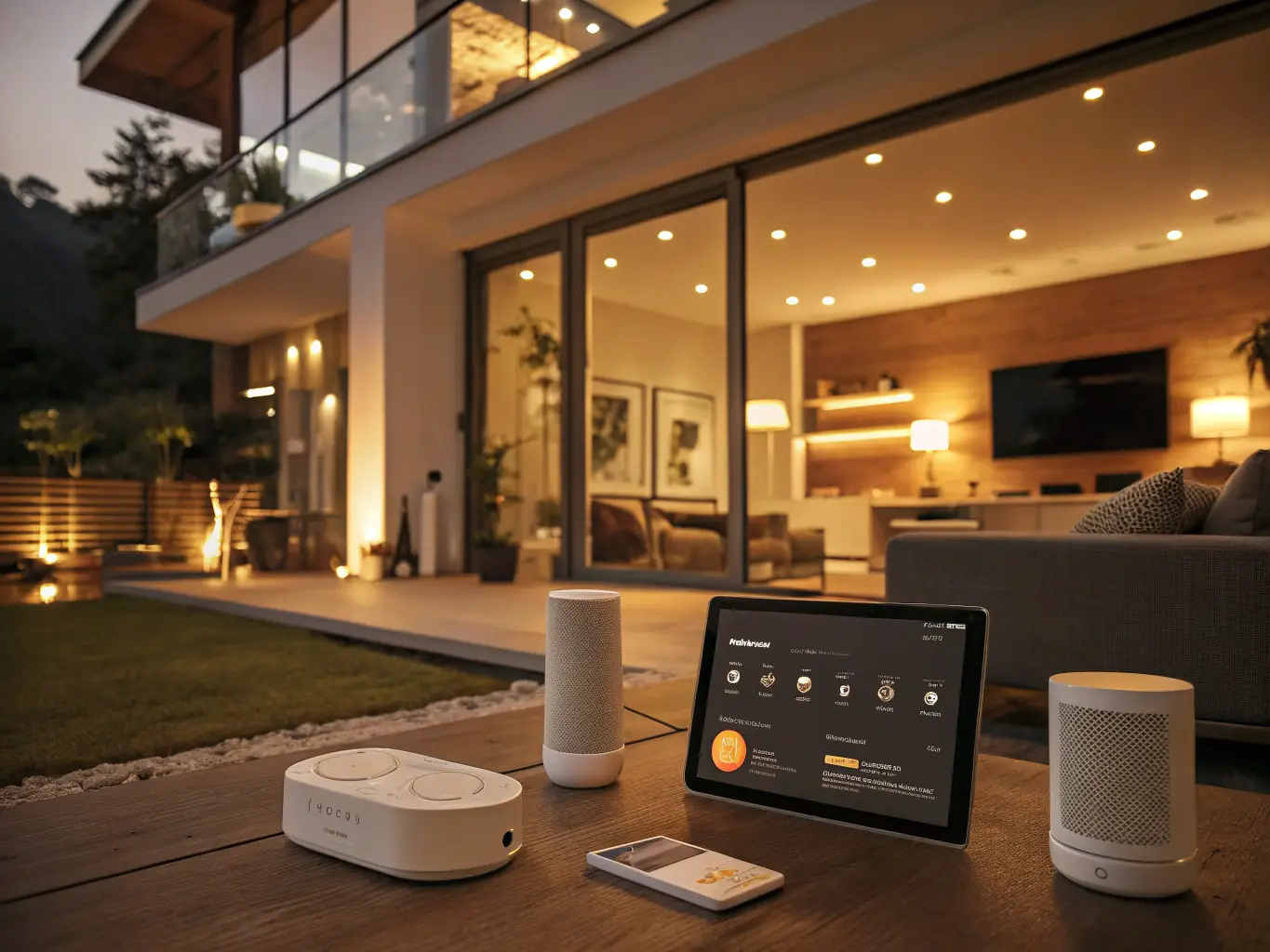 A sleek image of a smart home setup with voice assistants controlling various devices, highlighting the seamless integration and convenience of AI-powered voice technology.
